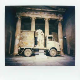 Polaroid photo of fragmented greek sculpture of a Truck inside a temple