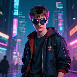 Harry Potter as a young cyberpunk street thug wearing goggles and cool clothes in a cyberpunk city during night with neon lights, digital art by greg rutkowsk, trending on art station