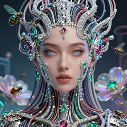 very beautiful woman integrating with technology, full face frontal centered, portrait, insipiring, detailed intricate ornate cables connected to head, big open electric eyes, luxurious detailed abundent wiring and implants, diamonds, ruby, sci - fi,!! neon, emeralds, detailed technology background with cyber flowers and insects, highly detailed, artstation, 8 k, by johanna martine and lalique