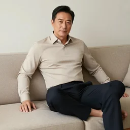 full body photo of robert, mature male. he is sitting gracefully on a sofa, elegant slim beige shirt, tight shirt, bouncy belly