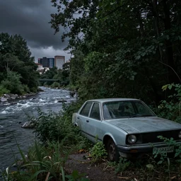 abandoned car on the right side of the image, overgrown in a thick forest, a dark city in the background, and a fast river on the left of the image