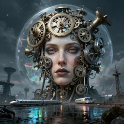 detailed face of a woman, clockwork, moment, tectonic sky, skydome, bullet train, turbines, utopian, tech noir, wet reflections, prism, atmospheric, ambient, pj crook, syd mead, livia prima, artgerm, greg rutkowski, nick alm, casey baugh