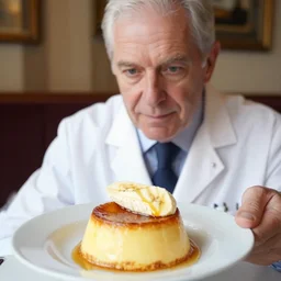 dr michael greger looking at a creme brulee with banana slice on top,
