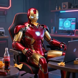 iron man sit on chair and eats chips in front of laptop in detailed gamer room, coke and chips on table, cyberpunk concept art, trending on artstation, highly detailed, digital art, 8 k