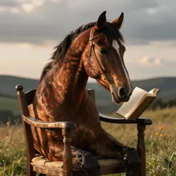 a horse sat in a chair, reading a book, cinematic lighting, evening sunlight, by roberto ferri and jeremy lipking, hyper detail, hyper realistic