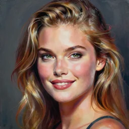 Claudia Schiffer, smooth painting, art, detailed, colorful, smiling, beautiful hair, deep look, intense atmosphere