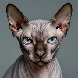 photographic portrait of a wrinkly sad hairless cat face, by max ernst and alfred pellan