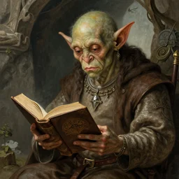 medieval goblin reading a book by hieronymus bosch, detailed digital art, trending on Artstation