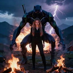 slick evangelion sorceress pelvic incredible unholy black panther monster with testicles stuck underwater on the background in the mountains during a lightning storm explosions, beautiful flawless face with soulful blue eyes starting at the camera alone at a campfire at dusk, a soulful expression, dramatic explosive lighting in the mountains on foot, a wise facial expression young attractive professional model face, 35mm film, moody cinematic lighting