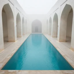 Beautiful Photograph of an infinitely tiled infinite foggy liminal hallway pool with archways and water water water water on the floor