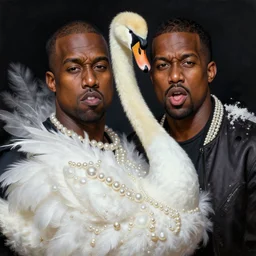 kanye west and lil naz x making various facial expressions _ with _ a _ decorated _ dress _ made _ of _ white _ pearls _ and _ white _ plumes _ of _ swan _ highly _ detailed _ digital _ painting