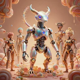 iridescent opalescent android cyborg animal in candyland, warm tones, bioluminescent : by michal karcz, daniel merriam, victo ngai and guillermo del toro : ornate, dynamic, particulate, intricate, elegant, highly detailed, centered, artstation, smooth, sharp focus, octane render