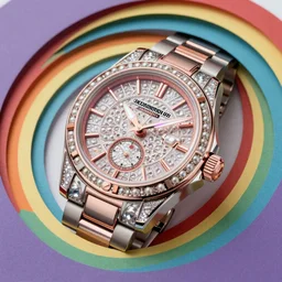 a macro photo of an extremely high quality hd rainbow paper cutout illustration of a promo image of a fancy expensive timepiece with pearl inlays, titanium bezel, rose gold backing, glow in the dark hands, luxury, 8 k, highly detailed, highly reflective, polished glass