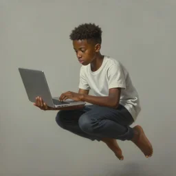 digital painting of black teenager floating with his laptop - in the style of surrealism - art, by wlop, james jean, victo ngai! muted colors, very detailed, art fantasy by craig mullins, thomas kinkade cfg _ scale 8