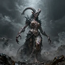 disfigured lilith the mother of all monsters gorgon, raining ash, fine art masterpiece, highly detailed dino valls wayne barlowe machiej kuciara, dramatic lighting, long shot, wide angle, uhd 8 k, sharp focus