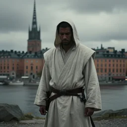 lone jedi looking down on Stockholm, trending on artstation, hd, wlop, octane render, HDRI, atmospheric