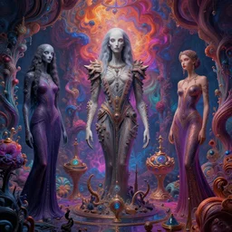 a psychedelic realm fading into a chromatic reality, in the style of h. r. giger and greg rutkowski and amanda sage, lush, sumptuous, exquisite, elegant, elaborate, rich, ray traced, global illumination, artstation