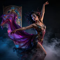 a photorealistic dramatic hyperrealistic render photography of a glamorous beautiful female dancer by ken brower and deborah ory of nyc dance project, lois greenfield, lord of the rings, neon, flowing cloth and smoke, beautiful dynamic dramatic dark moody lighting, beautiful intricate face, volumetric, shadows, artgerm, alphonse mucha, greg rutkowsky, cinematic atmosphere, octane render, 8 k