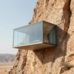 glass house built on the side of a vertical cliff, brutalist architecture, desert, digital painting, detailed, highly detailed, smooth, sharp focus, 3 d rendering, octane, unreal engine, digital, maya, award winning, trending on artstation
