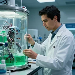 professional shot of a scientist thin ( latino ) male in his biotech lab, developing zerg aliens inside all bioreactors with green culture media inside. from love death and robots ( 2 0 1 9 ). coherent portrait, intricate, elegant, highly detailed, digital photo, trending on artstation, hdr photo, smooth, sharp focus