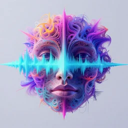 the audio frequency waveform of bass face, Multidimensional, fractal amalgamation, asymmetrical, 8k, hyper realistic, octane render, hi-fructose, neon color scheme