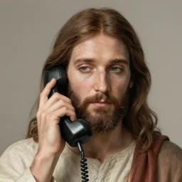 the portrait of jesus christ talking on old phone, an ultrafine hyperdetailed illustration by kim jung gi, irakli nadar, detailed faces, intricate linework, bright colors, unreal engine 5 highly rendered - h 6 4 0