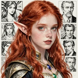 alluring highly detailed close-up portrait of beautiful elf girl with red hair wearing a fantasy outfit, very detailed, realistic, manga, pen and ink, by Stanley Artgerm Lau, greg rutkowski, thomas kindkade, alphonse mucha, loish, norman rockwell J.
