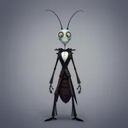digital art of a t - pose character design symmetrical thin cockroach cartoon character with long antennae, wearing a black suit by anton fadeev from nightmare before christmas