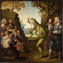 A frog singing to an audience, renaissance painting, da vinci style