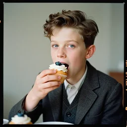 kodak portra 4 0 0, 8 k, highly detailed, britt marling style 3 / 4 photographic close, medium format, press award winning colour portrait of a handsome boy is eating a blueberry cupcake, up face with 1 9 2 0 s hairstyle, 1 9 2 0 s clothing style, asymmetrical, hasselblad x 1 d - 5 0 c, 1 0 0 mm f 1. 8, soft light