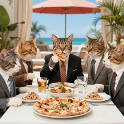cats in business suits enjoying a power lunch of tuna and pizza crust at spago in the style of miami vice