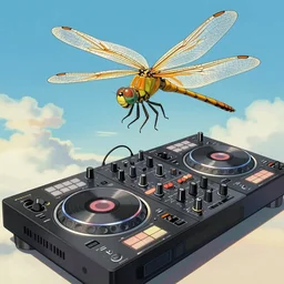 A giant DJ mixer artwork by Tomer Hanuka Rendering with an giant dragonfly flying over it. full of details, by Makoto Shinkai and thomas kinkade, Matte painting, trending on artstation and unreal engine