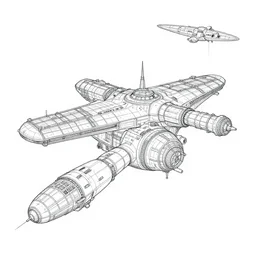 line art drawing of a spaceship approaching a giant space station