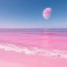 beautiful beach horizon view of the tropical pink ocean on an alien planet, pink vaporwave ocean, clear sky, planet in space over the horizon, trending on artstation, digital art by beeple