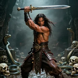 7 0 mm film still from conan the barbarian, jason momoa as conan holding a giant sword with both hands above his head wearing ornate dragon armor, in the wet catacombs of skulls and snakes, cinematic, volumetric lighting, mist, wet skin and windblown hair, muscular!!!, heroic masculine pose, ridley scott