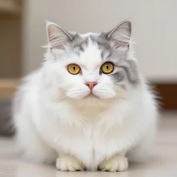 Fluffy long fur white and grey cat, yellow eyes, cute, 4K