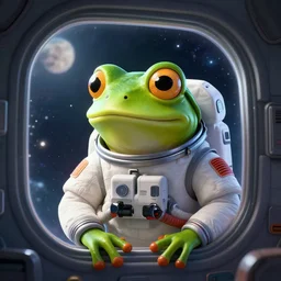 A frog wearing an astronaut suit, looking out the window into space, concept art, digital art, well detailed, 8k