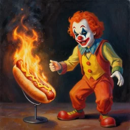 a painting of a clown setting a hot dog on fire