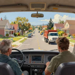 classic oil painting, a cockpit view of a suburban street with houses and dump trucks, as a dnd character, sunny suburban street, happycore, highly detailed, digital illustration, concept art, smooth, sharp focus, art by greg hildebrandt, and tim hildebrandt