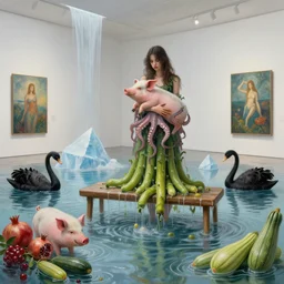 dripping, painting of a flooded modern art gallery and a tall emo girl, wasabi plants, art gallery interior, pig, courgette, waterfall, bench seat, sensual, organic, icebergs, pomegranates, holding a pig, octopus, zen, black swans, courgettes, berries, surrealist, by magritte and monet