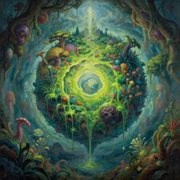 fantasy oil painting, center of the earth landscape, hidden mini world in the center of the frame, exotic vegetation, green slime oozing down, art by brothers hildebrandt, book cover illustration, sharp focus, extremely detailed