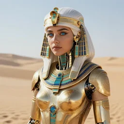 girl in egypt, egyptian cyborg armor, white hair, scifi, futuristic, atmosphere, gold, detailed, intricate, desert, beautiful face, advanced technology, trending on artstation, blue eyes, 4 k, focused, extreme details, cinematic, masterpiece, by akihito tsukushi
