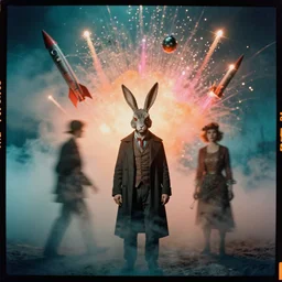 kodak portra 4 0 0, wetplate, christmas, teal and orange and pink colours, explosions, rockets, krampus, bunny head, the walking dead, 1 9 1 0 s style, motion blur, portrait photo of a backdrop, bombs, sparkling, fog, by georges melies and by britt marling
