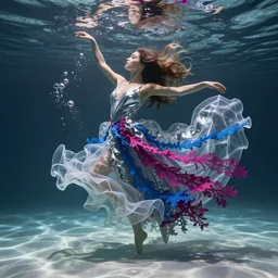 swirling silver translucent shapes behind a beautiful woman with long hair dancing underwater wearing a very long flowing dress made of many translucent layers of silver and blue and magenta lace seaweed, caustics lighting from above shines on the sandy bottom, bubbles flicker, octane render, cinematic, hyperdetailed