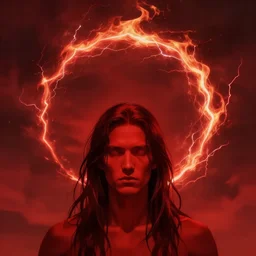 portrait of a red man with no eyes and long dark hair, a semicircle arc of red fire lightning jumping above his head against a stormy red sky, trending on artstation, digital art ( by tomasz jedruszek ) ( by senfeng chen ) ( by lorenzo lanfranconi )