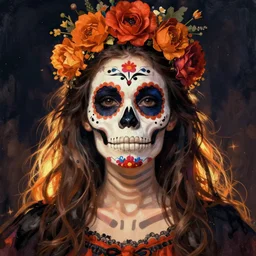 Illustration of a sugar skull day of the dead girl, art by giorgio de chirico