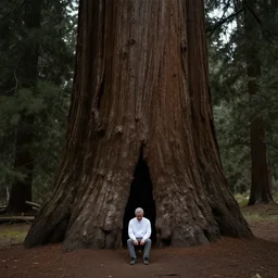 a small figure of a man sitting under giant sequoia tress, tranquil, silent, solemn, photo realistic, minimalist