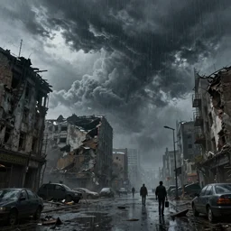 a beautiful detailed realistic matte painting of a destroyed post - apocalyptic city, view from street level, by louise bourgeois and stephan martiniere and simon stalenhag, ominous evil clouds, heavy downpour rain, puddles on ground, volumetric lighting, cinematic lighting, unreal engine, trending on artstation and cgsociety and behance, 4 k hd wallpaper, 8 k, cohesive,