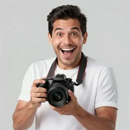 digital art of portrait of a colombian man, holding a dslr camera, excited facial expression, head - and - shoulders shot, white background, cute pixar character, houdini 3 d render