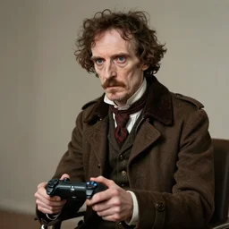 portrait of edgar allen poe playing video games, photorealistic, highly detailed